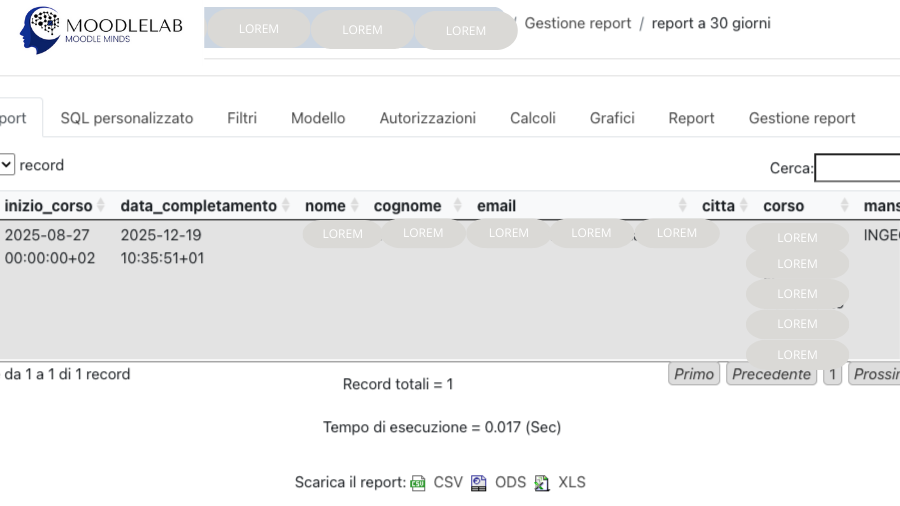 Esempio di report automatico Moodle con piattaforma e-learning personalizzata

